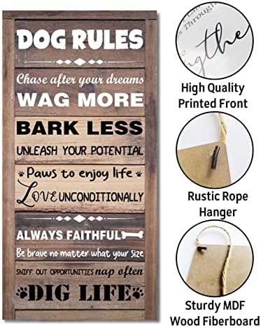 Dog Rules Sinais de casa decoração, decoração de placas de madeira pendurada, citações positivas placas de madeira placas, decoração
