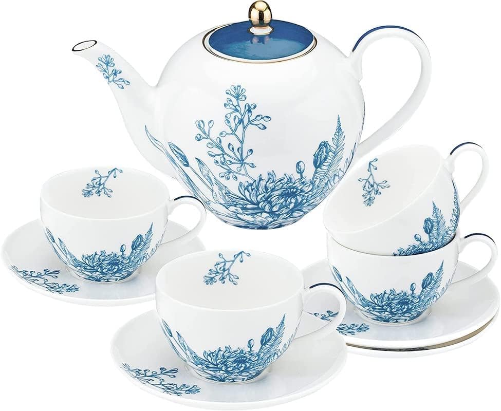 Conjunto de chá de porcelana de chá de chá TAIMEI, 37 onças de bule grande com infusor e xícaras de chá e pires em estilo