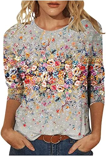 Top de algodão feminino 3/4 Manga 2023 Crewneck Floral Graphic Gift Gift Brunch Camisa de ovo de Páscoa para Senhoras JT