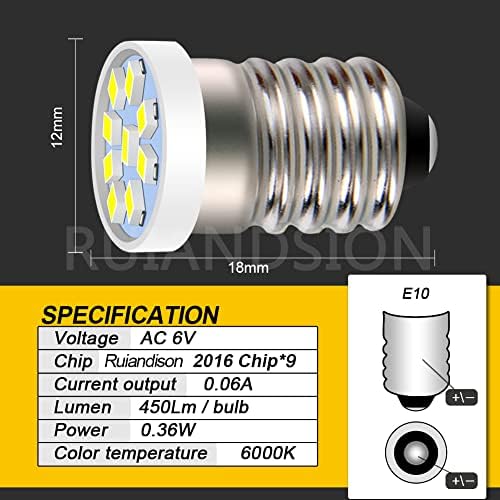 Ruiansion 4pcs E10 Base de parafuso LED BULB BRANCO 6V Substituição 9SMD para lanternas Luzes de trabalho da tocha, não polaridade