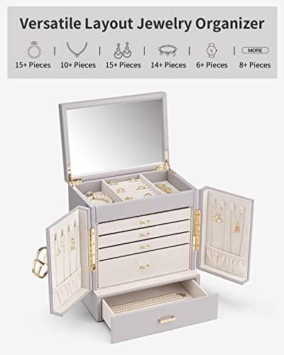 Vlando 2023 Organizador de caixas de jóias para mulheres, armazenamento de jóias grandes com 5 caixas de jóias de couro falso, anéis de colar de brincos cinza