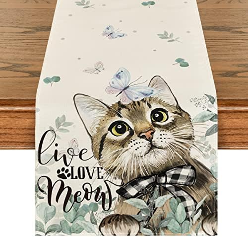 Modo ARTOID EUCALYPTUS CAT Live Love Meow Butterfly Summer Table Runner, Spring Kitchen Dining Table Decoration for