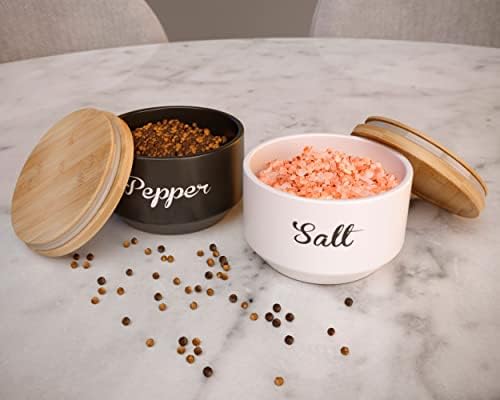 Tigelas de sal e pimenta com tampa - adega de sal e pimenta com tampas de madeira hermética - empilhando recipientes de