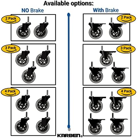 Karben 3 roda de rodízio 7/16 diâmetro x 1-7/16 de comprimento Multi Pack opções com freio ou sem freio