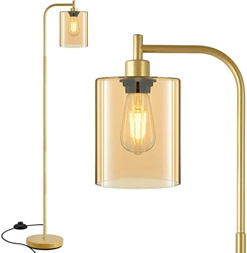 Lâmpada de piso industrial, lâmpada de ouro com abajur de vidro dourado, lâmpada de 6W LED incluída, lâmpada de piso moderno com interruptor, lâmpada de piso LED brilhante para sala de estar e quarto, escritório, estilo simples