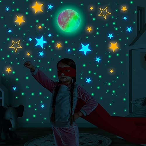 Glow in the Dark Stars and Moon Decals, 444pcs adesivos de parede estrelas realistas e decoração brilhante do sistema solar, brilhando nas estrelas do teto escuro para crianças, meninos, meninas