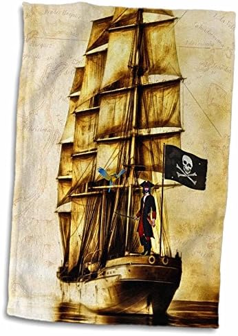 3d Rose Vintage Pirate Ship com papagaio e toalha de mão de mapa do velho mundo, 15 x 22