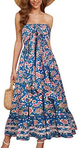 Vestido de ombro feminino de verão boho tubo superior nó dianteiro Flowy Beach Maxi Dress