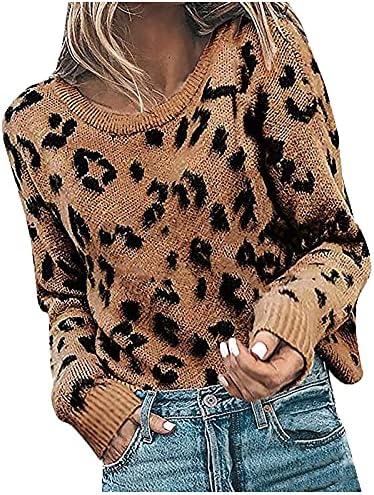 A suéteres grandes de Ymosrh feminino de malha solta estampa de malha longa de manga longa blusa de suéter em Vonete em V