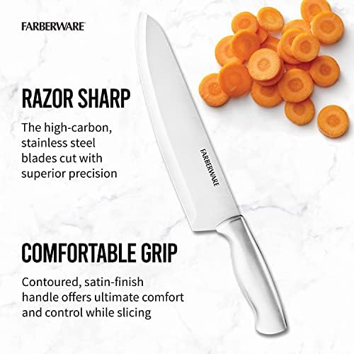 Farberware estampado de 15 peças de bloqueio de aço inoxidável de alto carbono, facas de bife, apontador de faca preto e de mesa