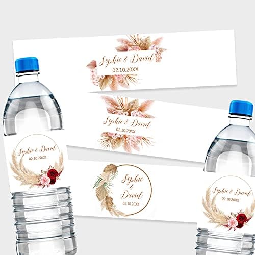 50 PCs/100 PCs Adesivos para garrafas de água de casamento - Decoração de festa de casamento - Garland de champanhe - Nome personalizado e etiquetas de garrafa de data