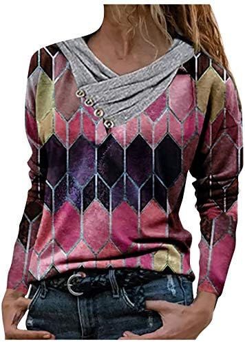 Blouses Beibeia para mulheres Moda lapela geométrica de manga longa impressão casual zíper tamas multicoloridas de verão camiseta solta