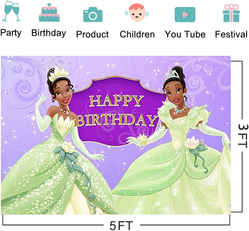 Cenário da princesa Tiana para suprimentos de festa de aniversário 5x3ft Princess e o Fronto Photo Antecedentes Tiana Tema Banner
