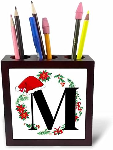 3drose m Christmas Monogram Inicial com chapéu de Papai Noel e grinaldas - titulares de caneta de telha