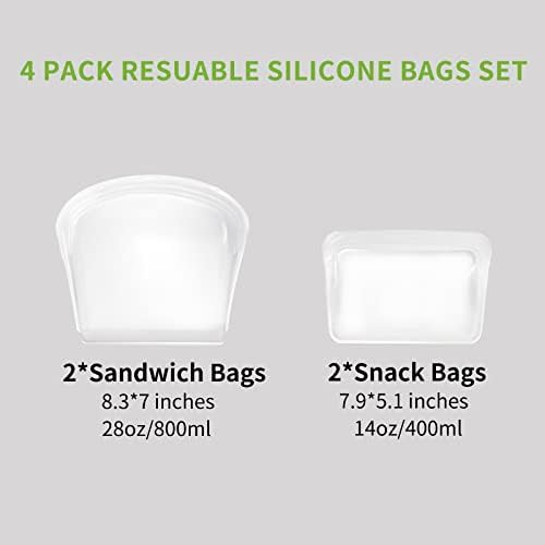 Sacos de silicone reutilizáveis ​​para armazenamento de alimentos, 4 bolsas de ziplock de silicone para serviço pesado,