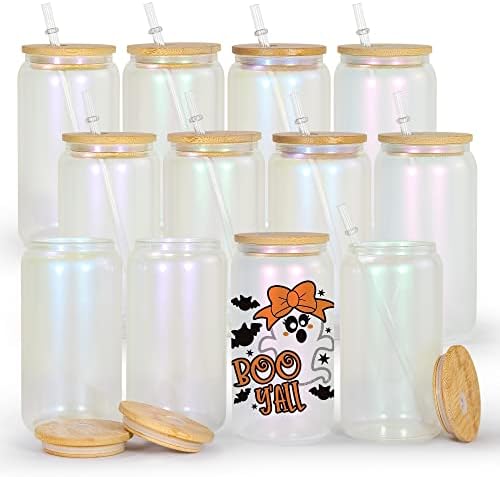 AGH 16 onças de vidro em branco de vidro com tampa de bambu e canudos de plástico, copos de copos de camaleões transparentes de 12 pacotes para copos de jarra de pedreiro para café gelado, suco, refrigerante, bebidas