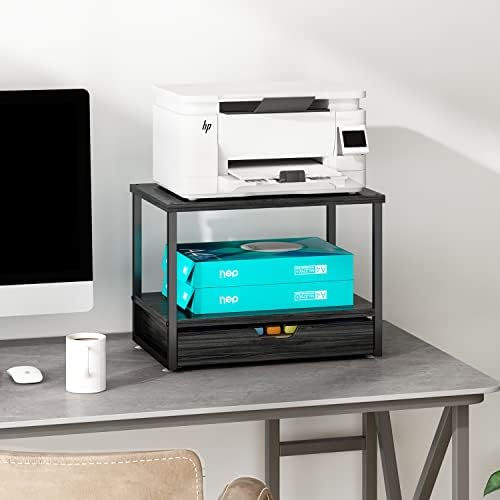 Trending Simple Tier Desktop Printer Stand com gaveta deslizante de armazenamento de madeira, organizador de mesa multiuso para máquina de fax, scanner, arquivos, livros, preto