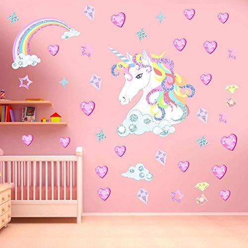 Decalques de parede de unicórnio do arco -íris Presentes para crianças decoração com corações Sala de garotas adesivos de