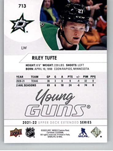 2021-22 Deck superior estendido 713 Riley Tufte Young Guns RC Rookie Dallas Stars NHL Hockey Trading Card