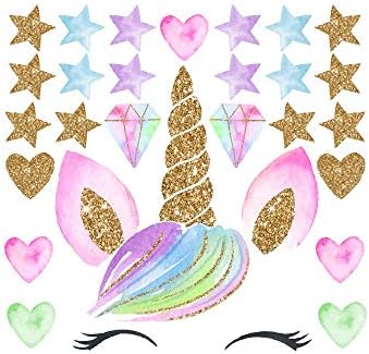 Adesivo de parede unicórnio, unicórnio colorido fofo com estrela lua de floresta de flor da parede de decalques berçário da sala de fadas meninas de fada