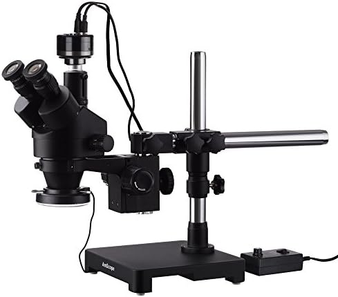 AMSCOPE 7X-135X Microscópio de zoom estéreo trinocular preto no suporte de lança de braço + 144 LED anel com câmera HD com gravação