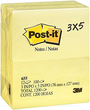Post-it 655YW Pads originais em amarelo canário, 3 x 5, 100 folhas, 12/pacote