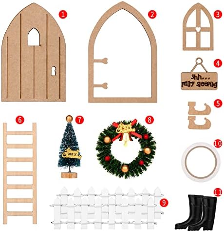 Mini Desktop Diy Decoration set para férias de decoração de jardim, incluindo porta, escada, coroa de natal, árvore