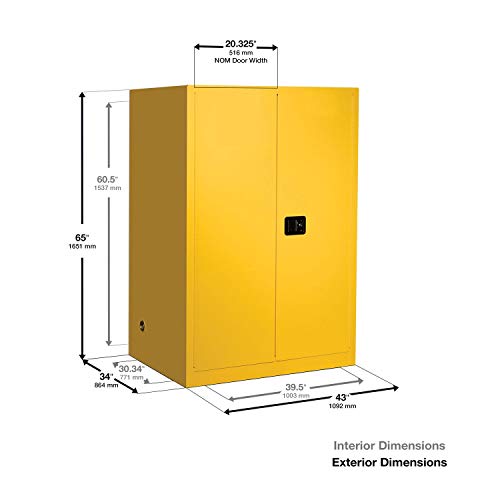 Justite 899005 Sure Grip EX Aço duplo de parede dupla 2 portas Manual do armário de segurança de segurança, capacidade de 90 galões, 43 largura x 65 altura x 34 profundidade, 2 prateleiras, branco