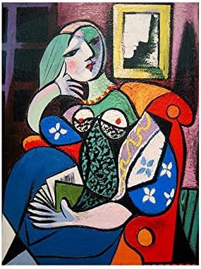 Alonline Art - Mulher com livro de Pablo Picasso | Imagem emoldurada de faia impressa em tela algodão, anexada à