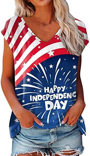 Camisa de vestuário Tops femininos sem mangas contra o pescoço de pescoço Top Independence Day Imprimir camisetas