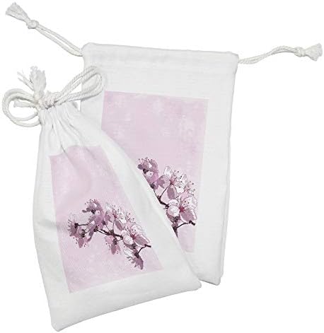Ambesonne Cherry Blossom Fabric bolsa conjunto de 2, primavera japonesa de estilo de aquarela grunge, saco de cordão pequeno para máscaras e favores de produtos de higiene pessoal, 9 x 6, fúcsia pálida pálida