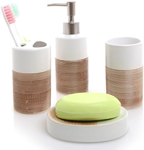 Conjunto de acessórios para banheiros mygift, Deluxe 4 peças Branco e bege Acessório de banho de cerâmica com dispensador