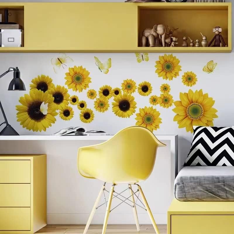 Gunflower Butterfly Wall adesivos 39 PCs Decalques de girassol e 3D Adesivo de parede de borboleta dourada de borboleta floral adesiva de parede à prova d'água DIY para crianças quarto de bebê quarto decoração de berçário de banheiro