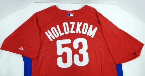 2007-10 Philadelphia Phillies Lincoln Holdzkom 53 Jogo usou Red Jersey St BP 1 - Jogo usado MLB Jerseys