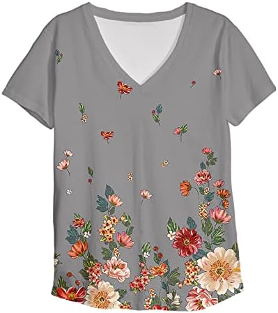 Tops florais femininos Casual V Camiseta de manga curta solta Túmulos de verão tops de impressão gráfica retrô Loungewear