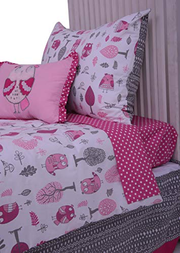 Bacati Owls Girls Cotton 4 PC Settle Bedding Conjunto, rosa/cinza