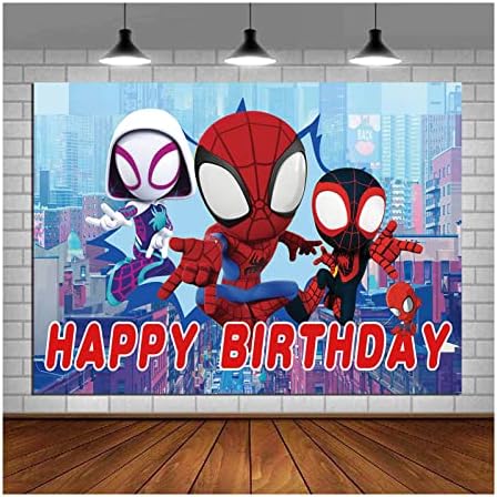 Happy Birthday Theme Red Spider Man Man Photography Cenário Cartoon Comics Cenas de construção de estilo Foto Background 5x3ft Infantil Boys Birthday Party Banner Decors Supplies