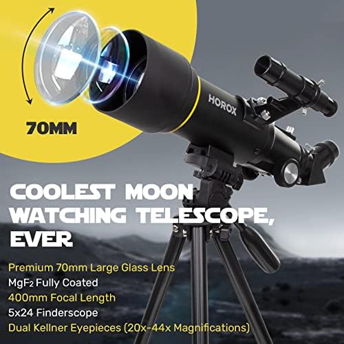 Telescópio para adultos e crianças, Horox 70mm Aperture Aperture 400mm Telescópio Refractor Para iniciantes de astronomia, óptica totalmente com várias revestimentos w. Adaptador de tripé e telefone Pro, mochila portátil de telescópios, presente de tecnologia legal