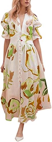 Vestido maxi de senhoras elegante impressão floral puff bufk de manga curta longa vestido de verão para baixo v vestido de festa no pescoço