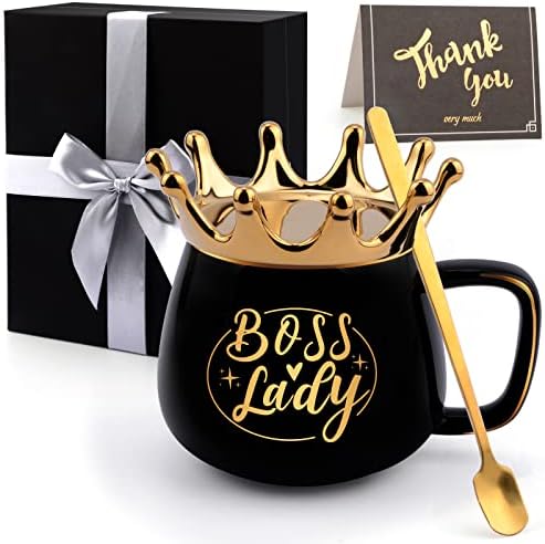 Hulaso Boss Gifts Para Mulheres, Presentes para Boss Mulheres Chefe Lady Gifts Crown Coffee Cup Presentes de aniversário para gerentes Chefe feminino, engraçado 16oz Obrigado Boss Presente Boss Boss Caneca com Spoon （Ceramic)