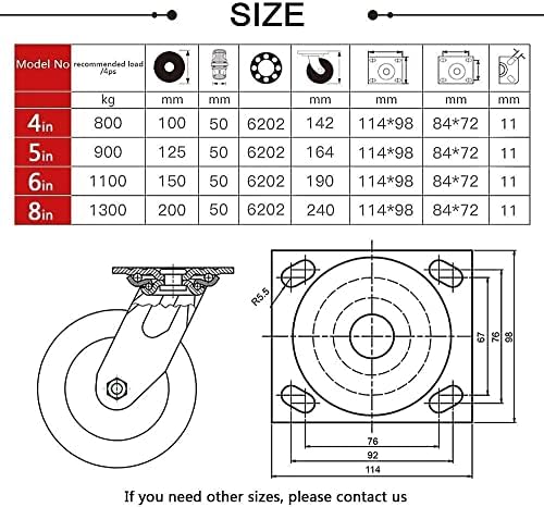 Roda giratória de giro pesado de 100 mm de 100 mm com freio, um conjunto de 4, carga de 800 kg, rodas de rúpor