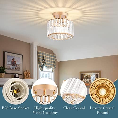 Sytpplan Gold Semi Flutue Mount Teto Luz, luminária de luminária de cristal lustre de cristal moderno lustramento de teto pequeno com base em lâmpada e26 para sala de jantar quarto de cozinha quarto