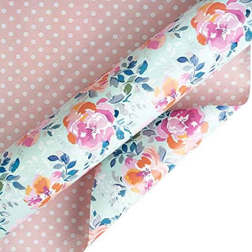 Lezakaa Reversível Floral embrulhado papel jumbo rolo - flor em azul e branco em rosa - 24 polegadas x 100 pés