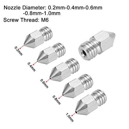 UXCELL 5PCS 3D BOCO DE IMPRESSORA MK8 BOCO MK8 M6 0,2 mm, 0,4 mm, 0,6 mm, 8 mm, 1 mm, cabeça de impressão extrusora para impressora 3D de 1,75 mm