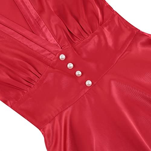 Vestido vermelho vintage de 1950 para mulheres Cetim vestidos de noite elegantes V Vestido de cocktail de manga comprida de pescoço