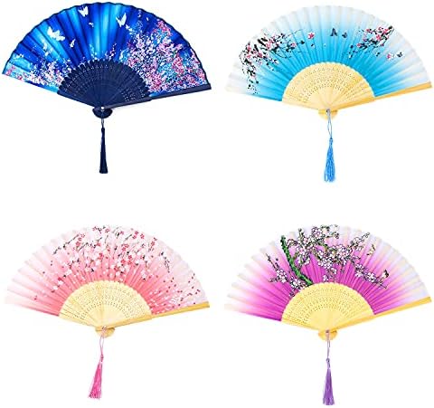 Auear, 4pcs fãs dobráveis ​​de bambu fãs portáteis com névoa mini fã potrable pequeno rave papel fãs de arte chinesa decorações de arte