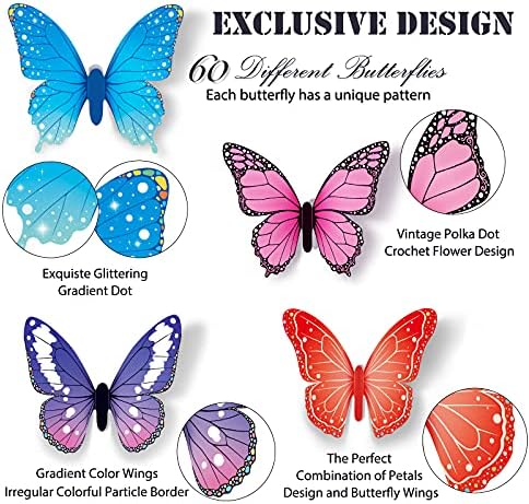 60 PCs decoração de parede de borboleta decalques de parede de borboleta 3D removíveis, decoração de quarto indie, estética