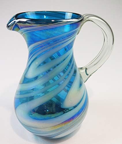 Jarro de vidro mexicano soprado à mão, design turquesa de redemoinho iridescente branco, 2 quartos