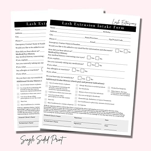 Formulário de consentimento da extensão dos cílios, formulário de ingestão, formulário de cuidados posteriores | 75 pacote