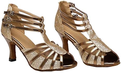 Hiproseus feminino glitter latin Dance Shoes Salsa Dança Sandálias de Dança com calcanhar médio, modelo 01